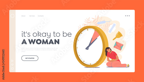 Cramps during Menstruation Period Landing Page Template. Lady Periodical Abdomen Pain Dates, Girls Menstrual Time