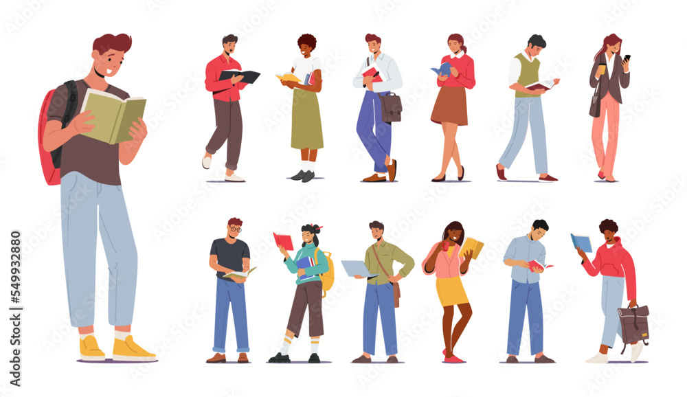 Set of Reading People, Male and Female Characters Reading Books. Young Multiracial Diverse Men and Women Read Set of Reading People, Male and Female Characters Reading Books. Young Multiracial Diverse Men and Women Read