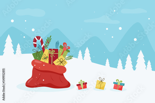 Red bag of Santa with gifts on the snow. In the background are mountains, trees, snow. Christmas and New Year Eve. Blue and white background colors. Bright bag and boxes with gifts