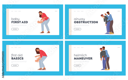 First Aid Food Choking Landing Page Template Set. Characters Choke-bore. Mother Helping Newborn Baby Spit Out