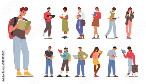 Set of Reading People, Male and Female Characters Reading Books. Young Multiracial Diverse Men and Women Read
