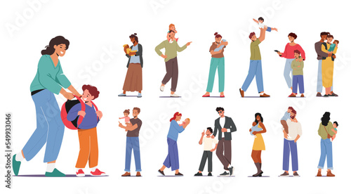 Set Parents and Children. Mothers and Fathers Family Characters Spend Time with Kids. Playing, Walking and Care
