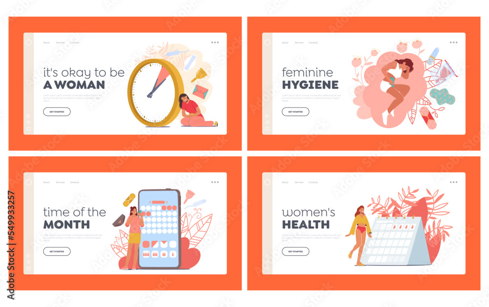 Women Menstruation Period Landing Page Template Set. Female Reproductive  System. Girls Characters With Tampon, Pad Stock Vector | Adobe Stock