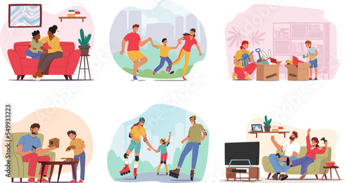 Set Parents Spend Time with Children. Mothers and Fathers Family Characters and Kids Walking, Skating, Playing
