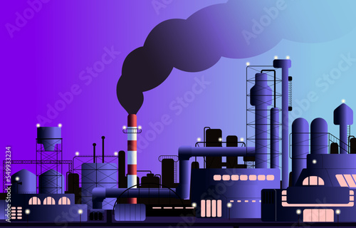 Factory building. Industrial construction, chemical plant with tower, chimney and gas smoke, tanks, cisterns, pillars, outdoor view. Work of heavy industry, manufacture. Flat vector illustration