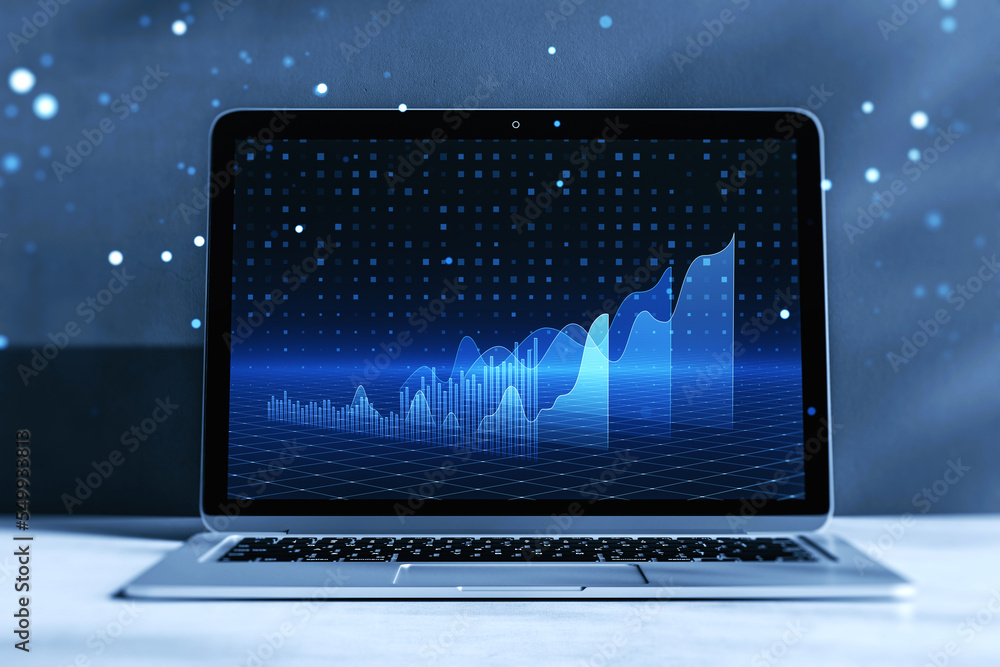 Close up of laptop screen with glowing blue business chart hologram on blurry dark tech background. Price, exchange, online banking and money concept. 3D Rendering. Close up of laptop screen with glowing blue business chart hologram on blurry dark tech background. Price, exchange, online banking and money concept. 3D Rendering.