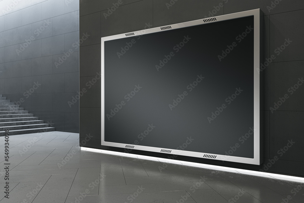 Fototapeta premium Empty black mock up billboard frame in underground with stairs. Commercial ad concept. 3D Rendering.