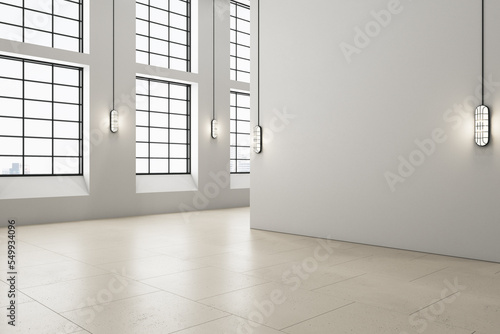 Modern spacious light hallway interior with blank mock up place on wall, panoramic windows, city view, lamps and reflections on floor. 3D Rendering.