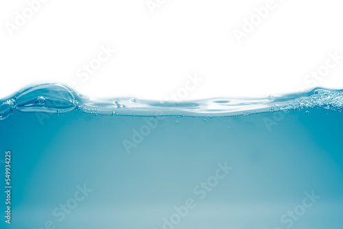 Blue water surface, bubbles against white background.