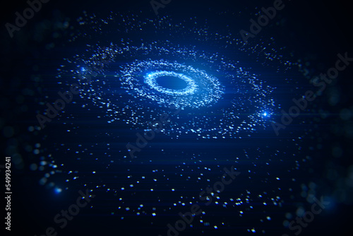 Abstract blue space hologram on blurry dark backdrop. Metaverse and cyberspace concept. 3D Rendering.