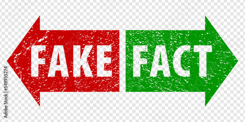 Fact and Fake grunge rubber stamp isolated on transparent  background.  True or fiction on red and green arrows.  Green Fact and Red Fake stamps.  EPS10.  