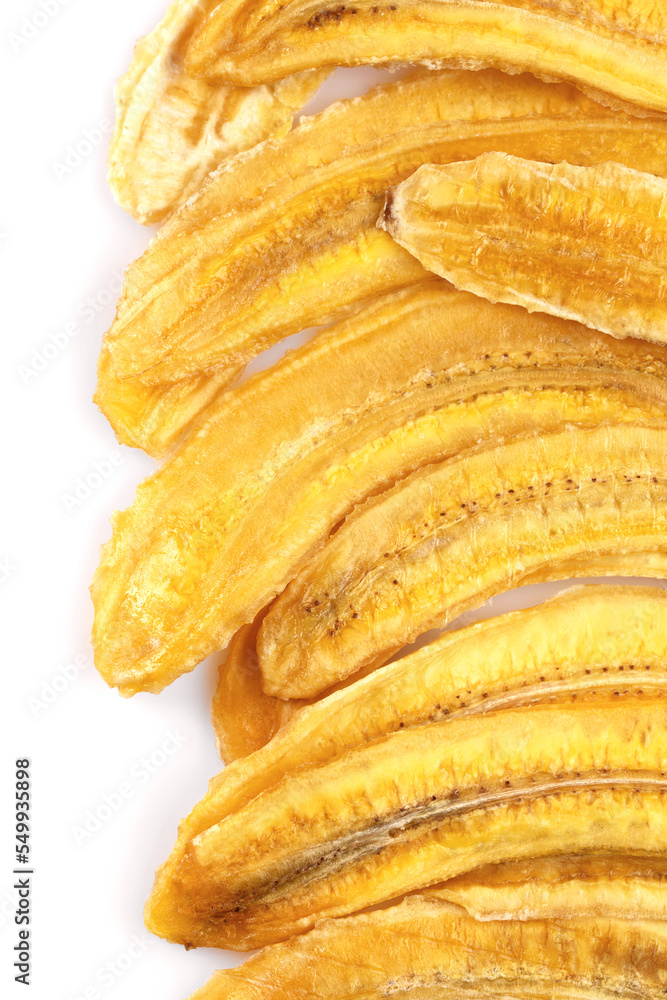 Dried banana slices. Sliced dried banana isolated on white background. Sun-dried fruit. close up Dried banana slices. Sliced dried banana isolated on white background. Sun-dried fruit. close up