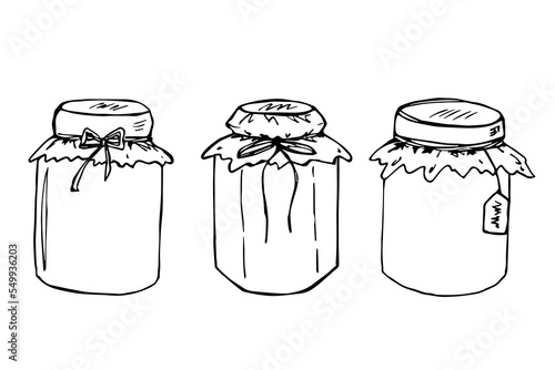 Hand drawn jar of jam or honey clipart. Healthy natural organic product doodle set.