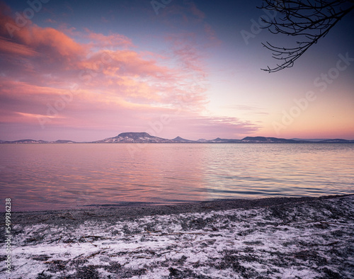 Epic sunrise over lake Balaton in winter