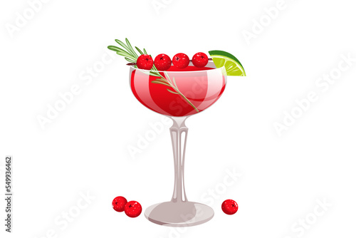 Cranberry margarita.Christmas cocktail decorated with cranberries, rosemary.lime.A festive drink.