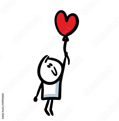 Funny doodle man in love holds an air balloon in heart shape and flies up into the sky.