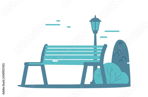 Wooden Bench and Street Lamp on Street, City Park Landscape, Background with Contemporary Urban Objects