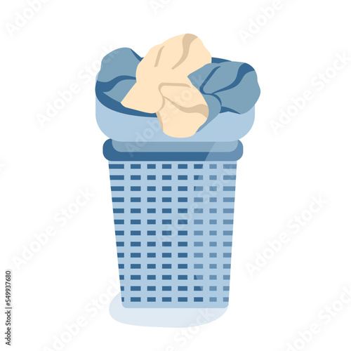 Basket for dirty laundry and basin with towels in vector