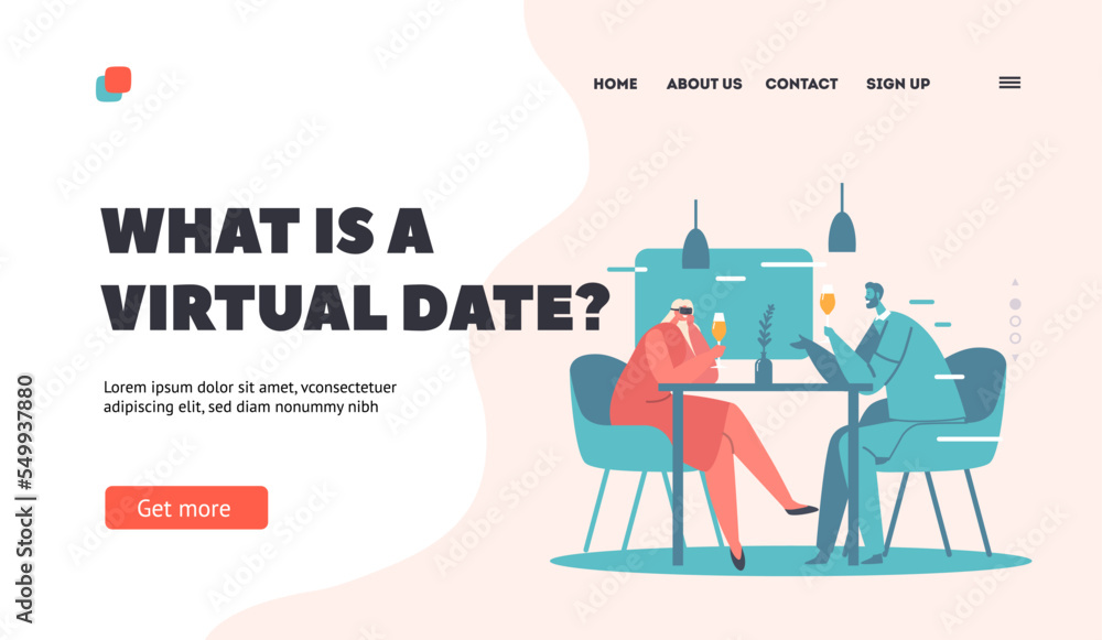 Virtual Romantic Dating Landing Page Template. Happy Couple of Male and Female Characters Wear Goggles Date