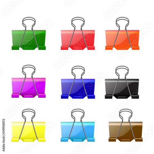 Vector image of the paper binder clips of the  different colors isolated on the white background: red, green, black, blue, pink, red, orange, yellow and brown.