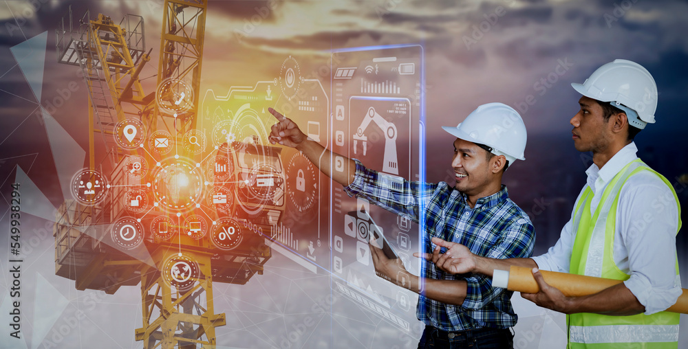 custom made wallpaper toronto digitalFuture building construction engineering and technology project concept. double exposure graphic with engineer using digital tablet and smart industry and IOT software to control operation.