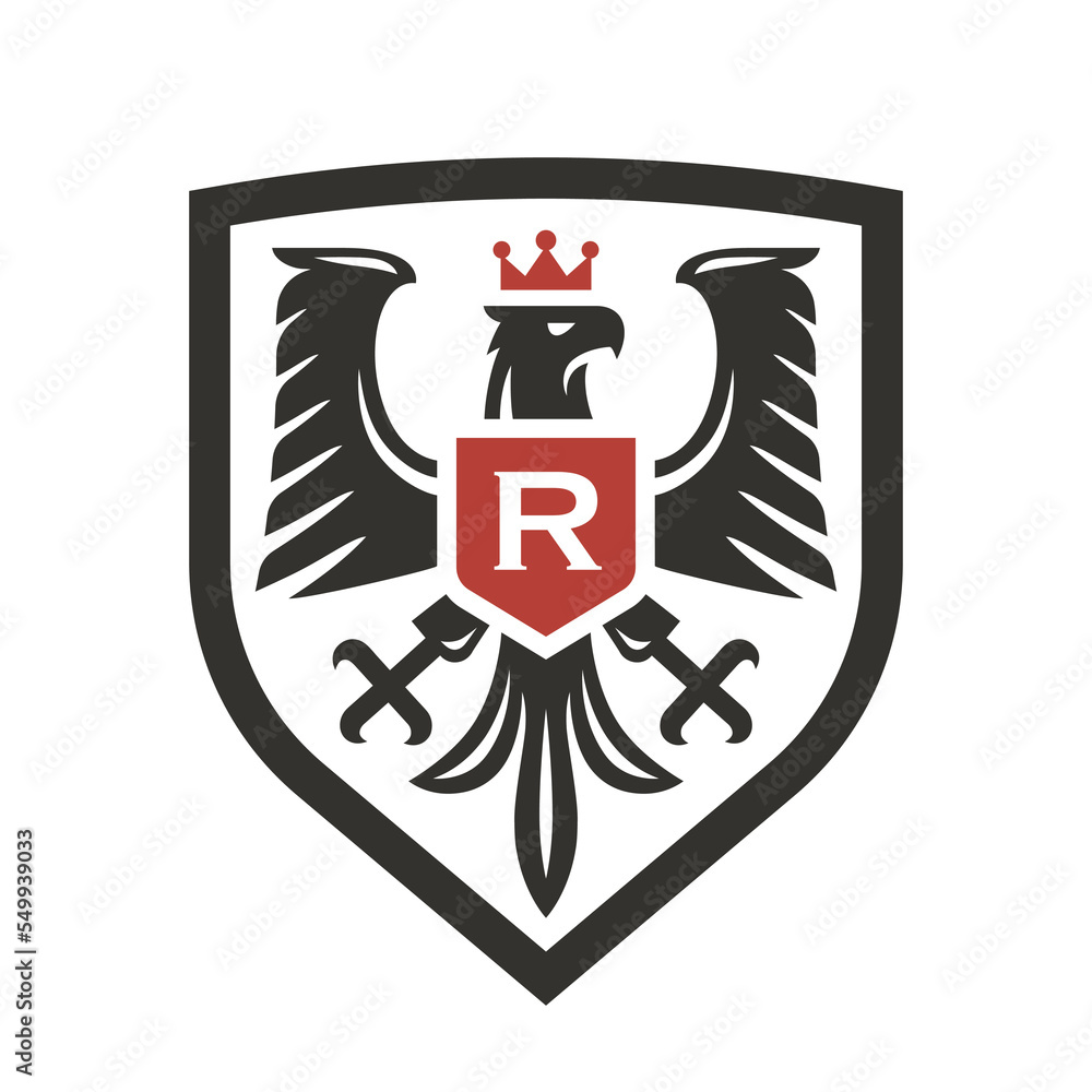 Eagle crest logo. Hawk shield label emblem. Falcon brand monogram icon