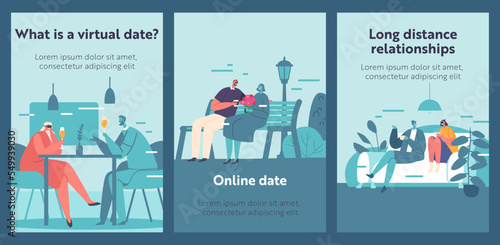 Virtual Dating Cartoon Banners. People Use Vr Technology for Date. Augmented Reality, Cyberspace Vector Posters