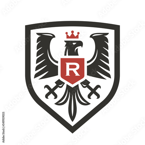 Eagle crest logo. Hawk shield label emblem. Falcon brand monogram icon. Royal heraldic bird with crown badge. Vector illustration.