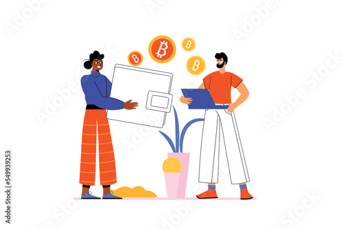 Cryptocurrency mining icons concept with people scene in the flat cartoon design. Two economists evaluate the cryptocurrency market and its development. Vector illustration. © Andrey