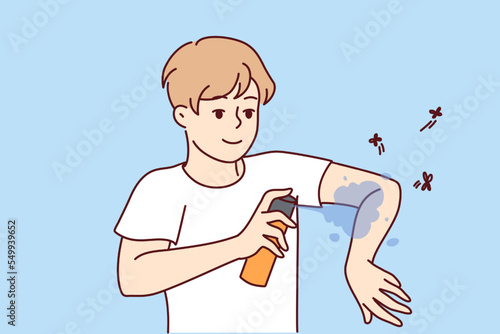 Smiling man applying anti-mosquito spray on arms. Guy use insect repellent keep bugs away outdoors. Vector illustration. 