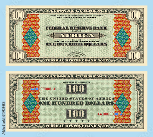 Vector fictional African money with a face value of 100 dollars. Obverse and reverse of the banknote with a guilloche frame and a geometric pattern. The United States of Africa
