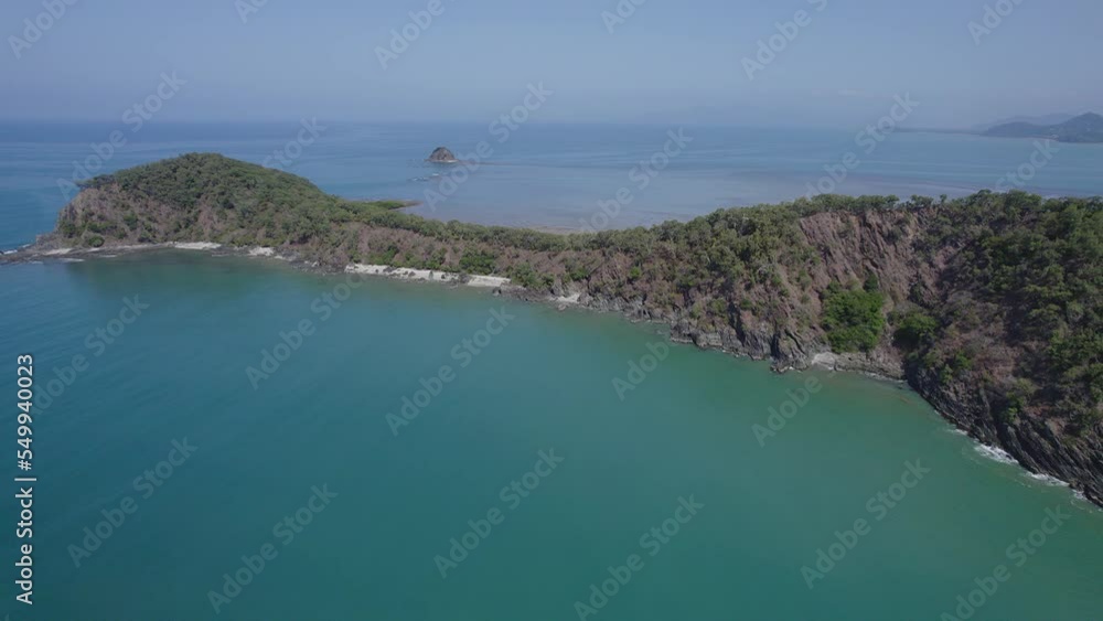 Double Island In The Middle Of The Sea In Ellis Beach, Queensland, Australia. aerial pullback Double Island In The Middle Of The Sea In Ellis Beach, Queensland, Australia. aerial pullback