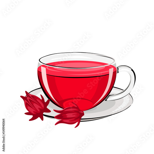 Vector illustration, rosella or Hibiscus sabdariffa tea, served in a glass cup, isolated on a white background.