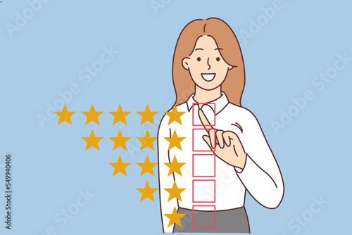 Smiling woman give five star feedback 
