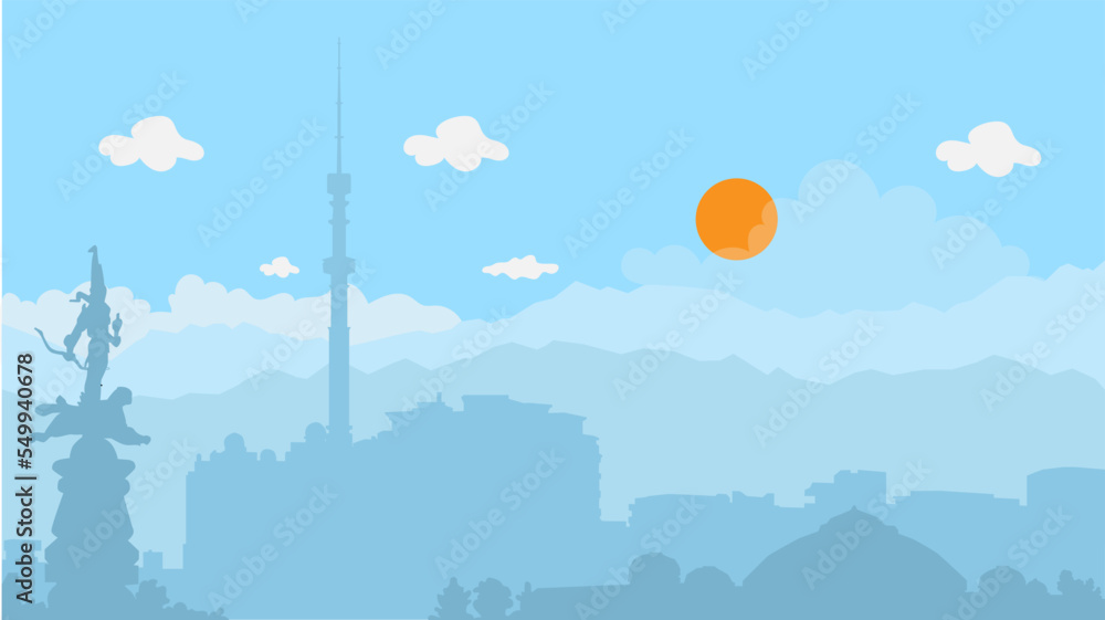 Vector illustration of the city skyline. City landscape with mountains. Daytime cityscape in flat style.