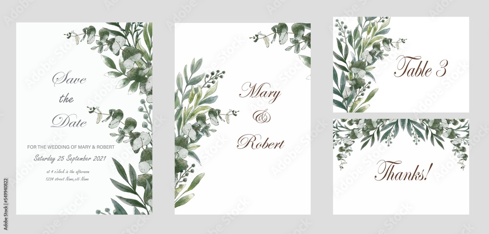 Greenery frames, eucalyptus bouquets. Set of wedding template. Watercolor hand painted illustration.