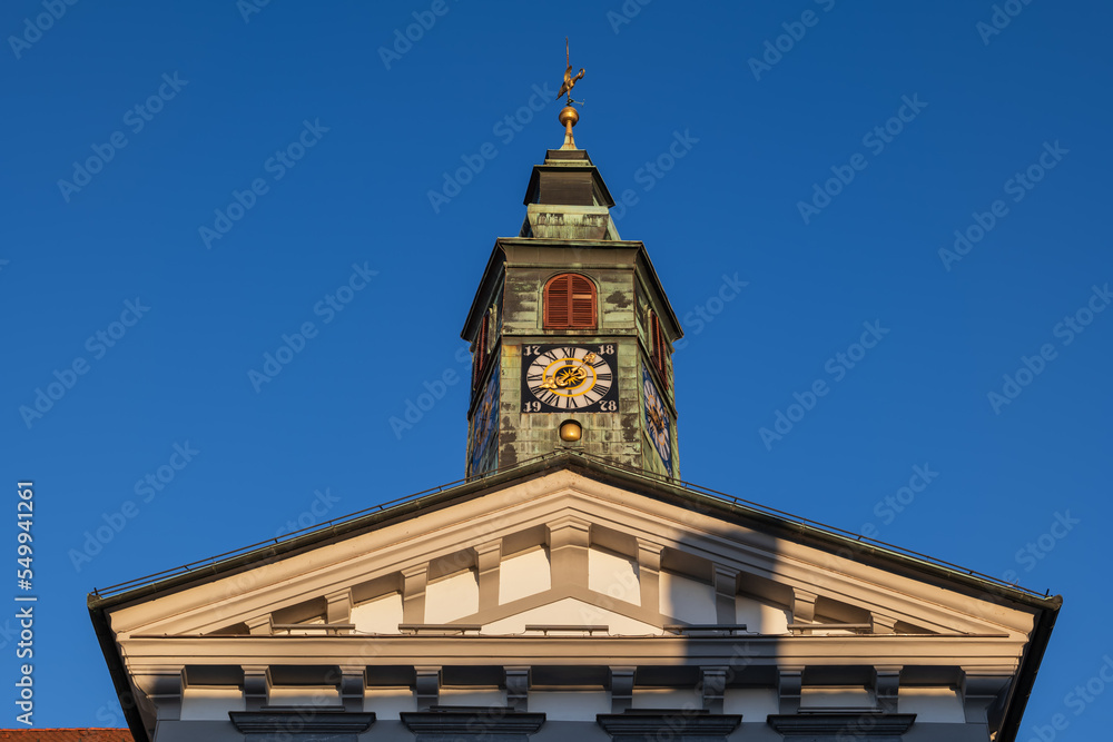 Gable And Clock Of Ljubljana Town Hall In Slovenia