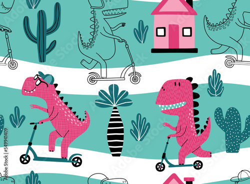 Cute dinosaur rides a scooter. Vector texture in childish style great for fabric and textile, wallpapers, backgrounds. Pastel colors.