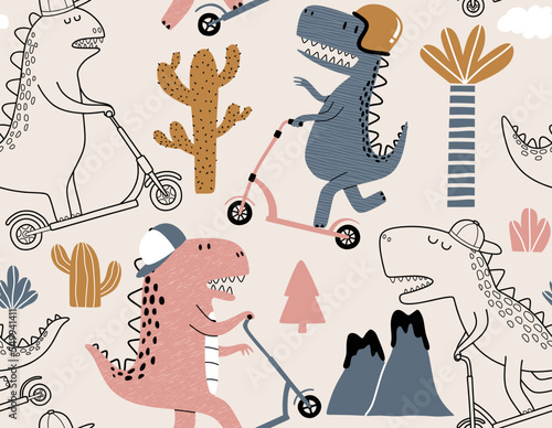 Cute dinosaur rides a scooter. Vector texture in childish style great for fabric and textile, wallpapers, backgrounds. Pastel colors.