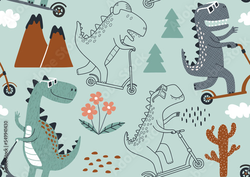Cute dinosaur rides a scooter. Vector texture in childish style great for fabric and textile, wallpapers, backgrounds. Pastel colors.