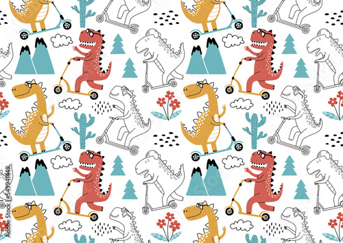 Cute dinosaur rides a scooter. Vector texture in childish style great for fabric and textile, wallpapers, backgrounds. Pastel colors.