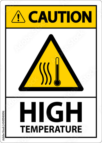 Caution High temperature symbol and text safety sign.
