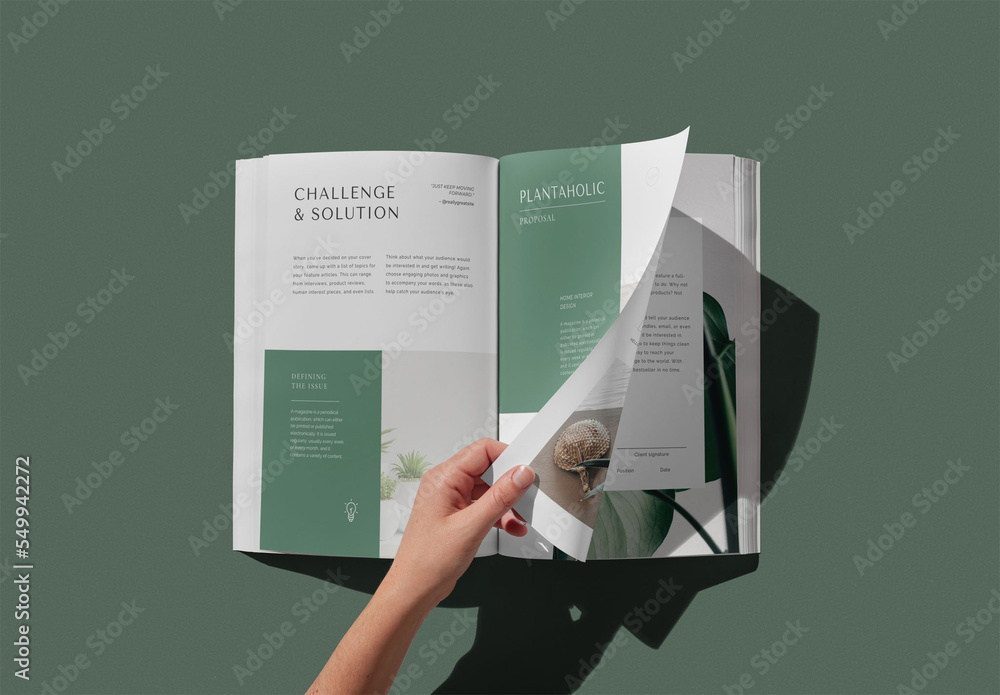 Woman Hand Turning a Page of an Open A4 Magazine Mockup Stock Template ...