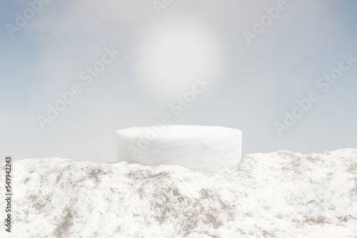 Abstact 3d render winter scene and Natural podium background, podium on the ice snow peak mountain with sun, fog and cloud for product display advertising cosmetic beauty products, skincare or etc