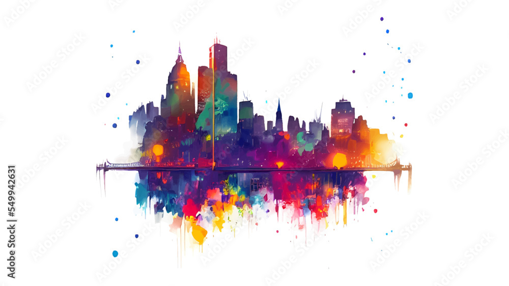 Naklejka premium Vector city skyline illustration in watercolors isolated on light background