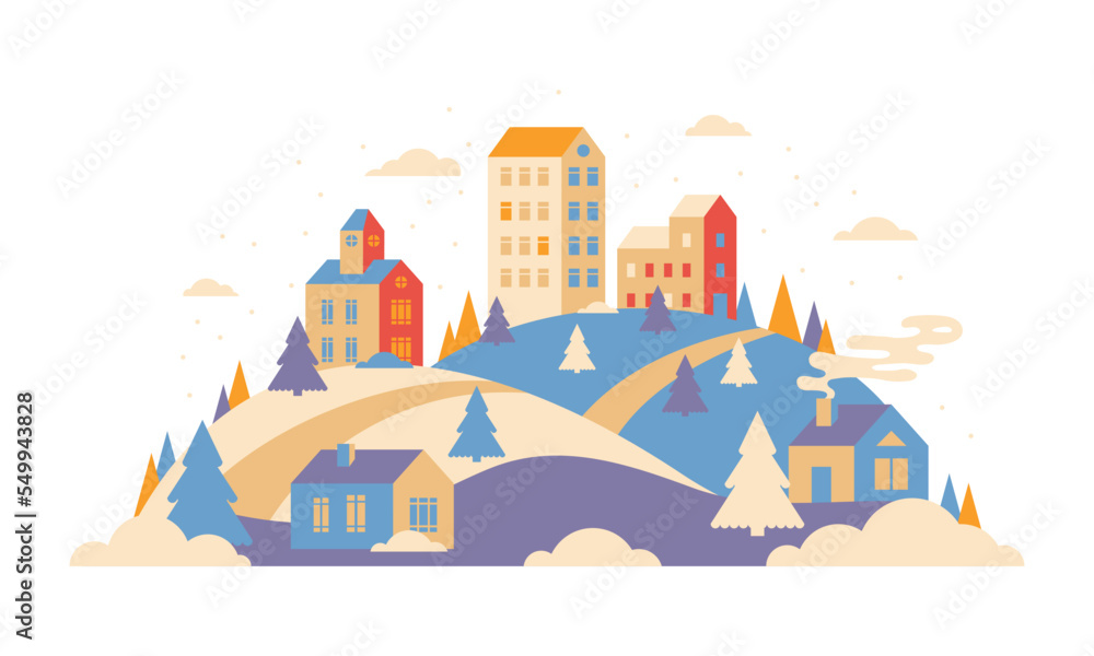 Urban landscape in geometric minimal flat style. New year and Christmas winter city on hills, falling snow and fir trees
