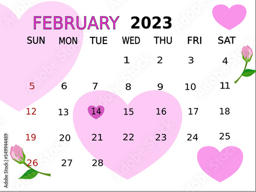 Calendar planner with pink heart for the 14 February Valentines’s day. Isolate on white background copy space for your text. 
