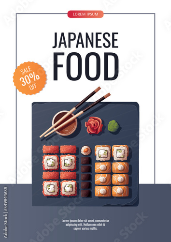 Flyer design with Sushi rolls. Japanese food, healthy eating, cooking, menu, nutrition concept. Vector illustration. Banner, flyer, promo, advertising. 