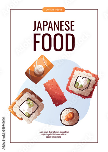 Flyer design with Sushi rolls. Japanese food, healthy eating, cooking, menu, nutrition concept. Vector illustration. Banner, flyer, promo, advertising. 