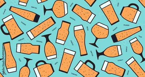 Seamless pattern, beer placemat. Seamless pattern with beer glassware types. Graphic design print for bar, pub, restaurant, beer theme. Beer placemat and graphic design print. Vector Illustration